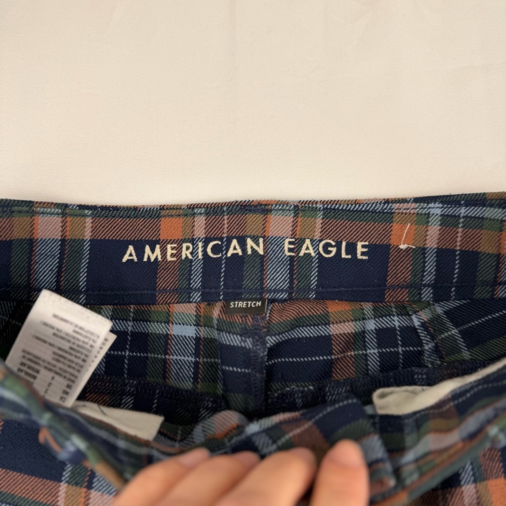 American Eagle Plaid Super Hi-Rise Skinny Trouser Sz 2 Blue Green Orange Stretch - Picture 4 of 15